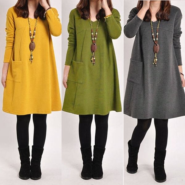 New Vintage Kleid Womens Robe Casual Long Sleeve Blouse Tops Loose Pockets Sweater Tunic Dress New Fashion - BlackFridayBuys
