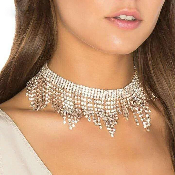Crystal rhinestone choker tassel Statement necklace