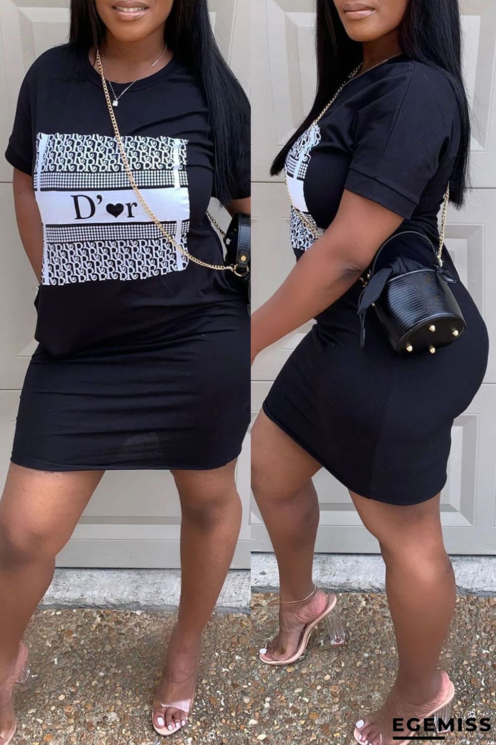 Black Fashion Casual Print Basic O Neck Short Sleeve Dress Dresses | EGEMISS
