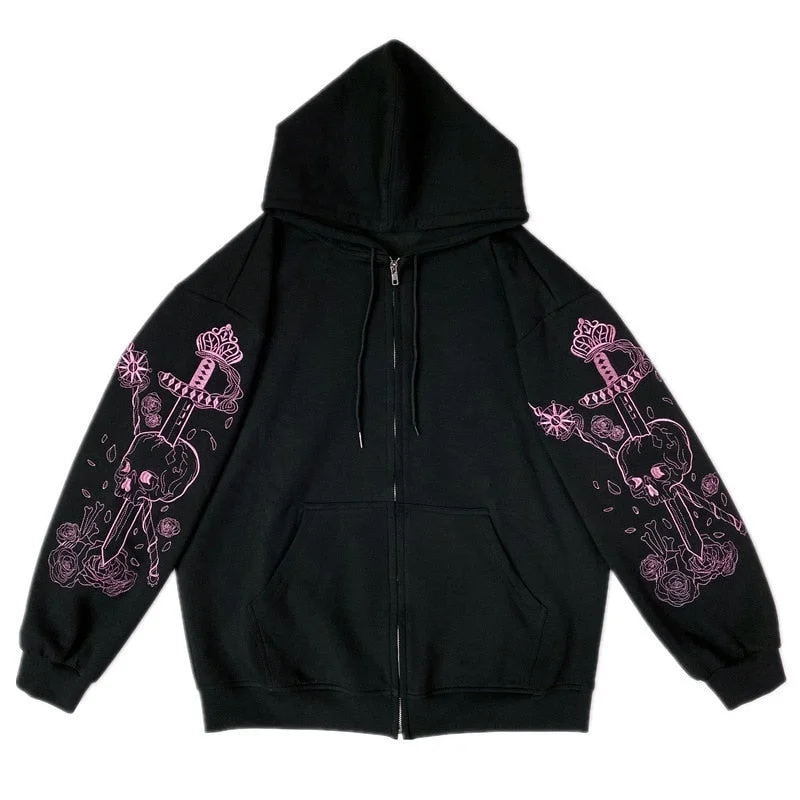 Punk Graphic Print Hoodies Autumn Hooded Zipper Ribbon Women Sweatshirt  Streetwear Goth Black Oversized Couple Jacket Hoodie