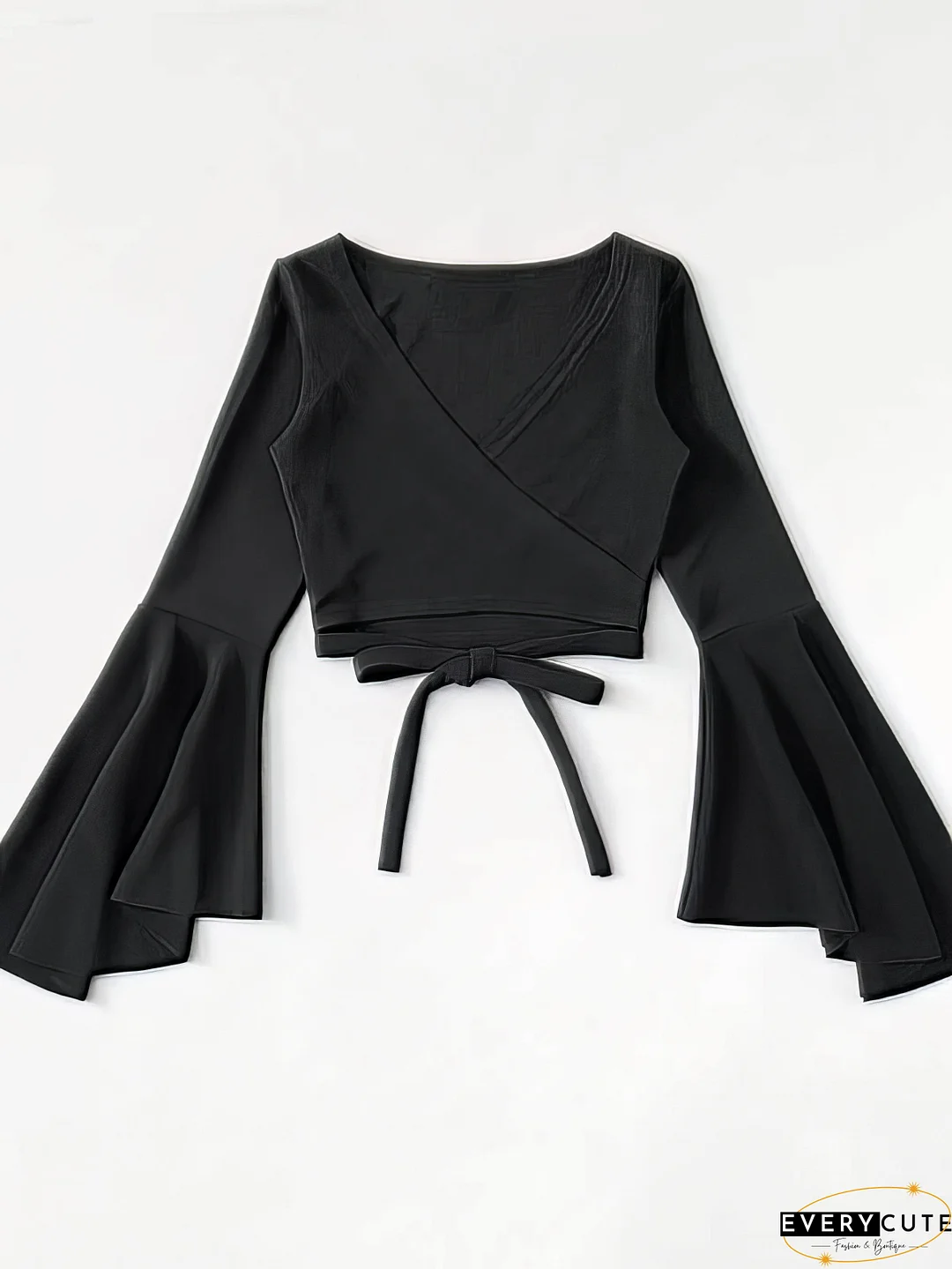 Bell Sleeve Self-Tie Crop Top