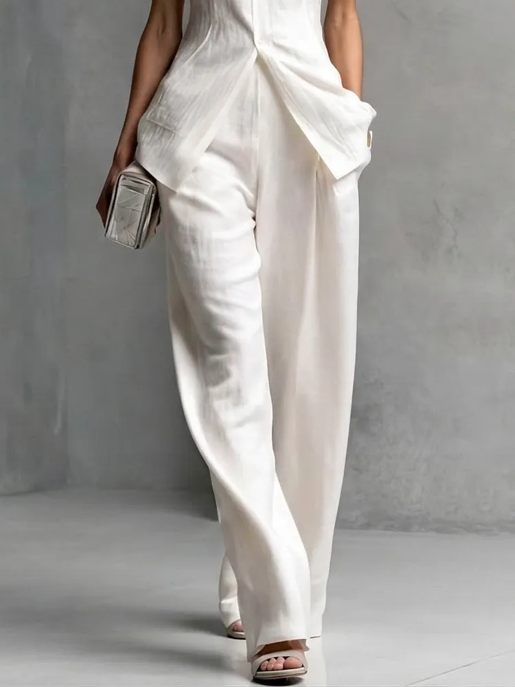 High Waisted Loose Pockets Solid Color Pants Trousers