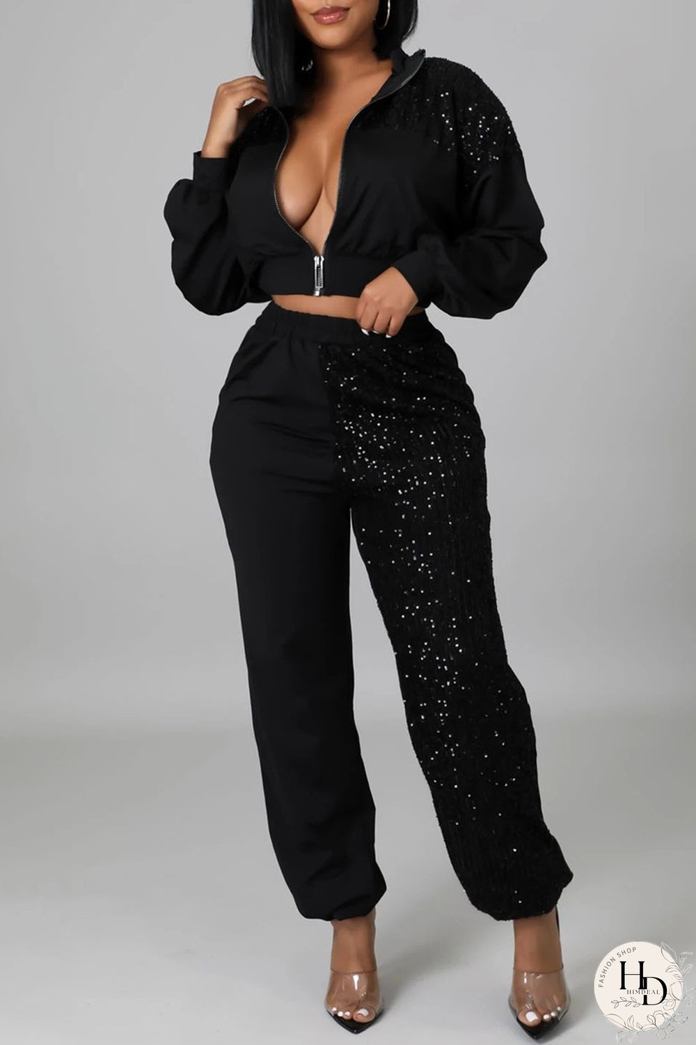 Black Fashion Casual Patchwork Sequins Zipper Collar Long Sleeve Two Pieces