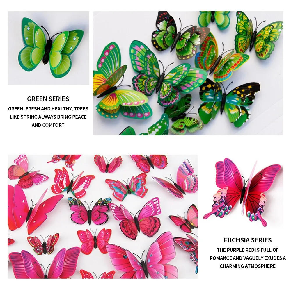12pcs/lot Plain color 3D stickers Simulation butterfly double wings Modern home decor Background wall painting Magnetic+Glue