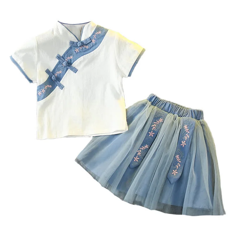 Toddler Girls Boys Vintage Embroidery Buckle Hanfu 2-Piece Outfits Set - Modakawa modakawa