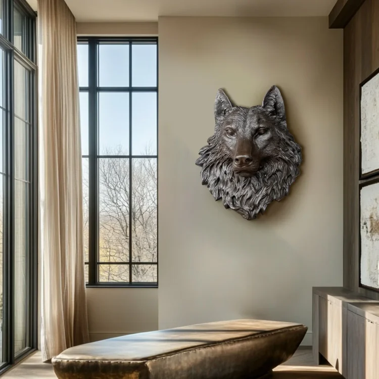 Custom Size Bronze Animal Statue Wolf Head Wall Sculpture