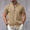 Camicia da uomo a maniche corte in cotone e lino con collo alto e bottoni