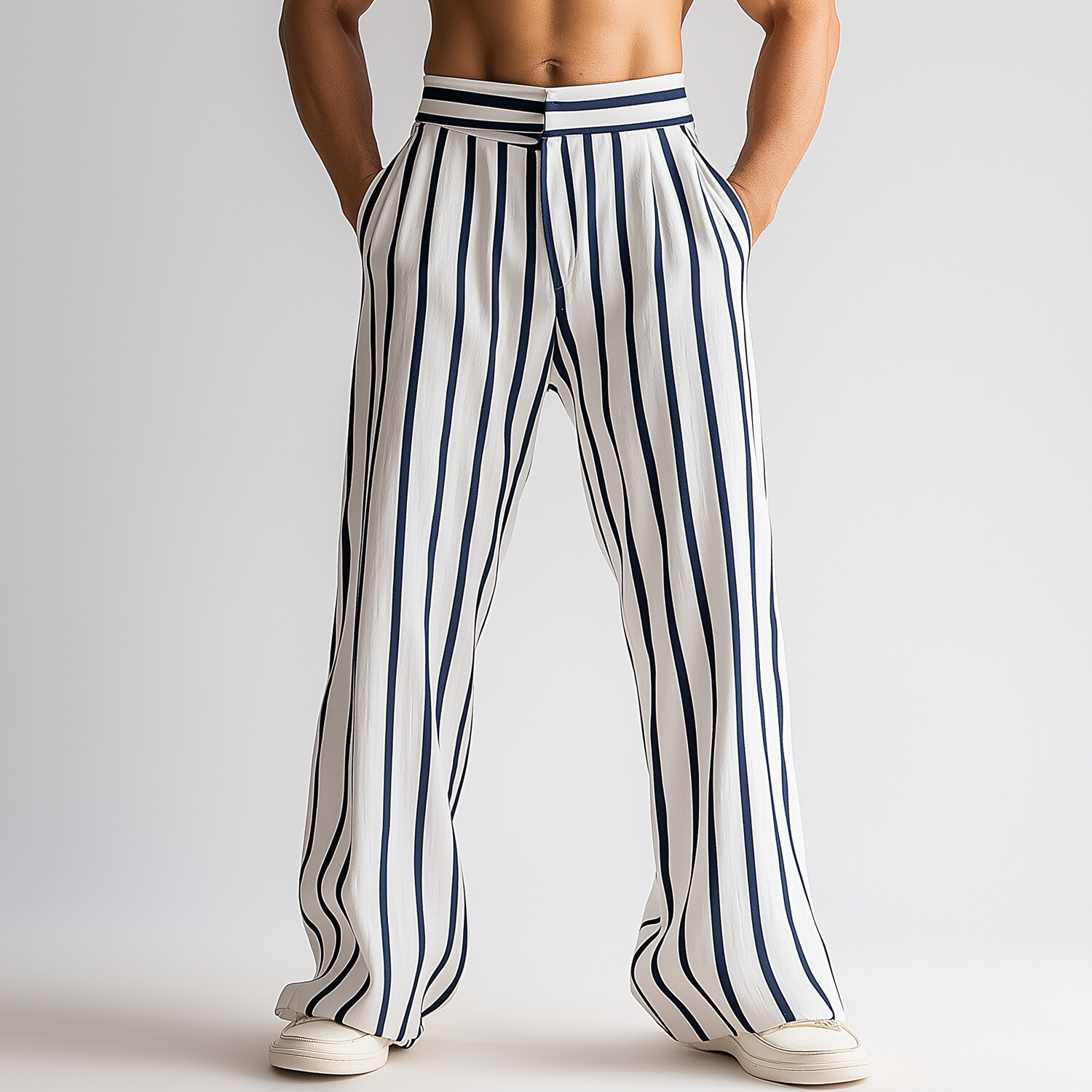 Men's Blue Striped Mid Rise Slant Pocket Straight Leg Pants