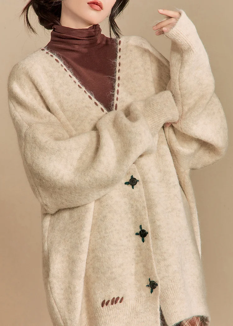 Loose Beige V Neck Button Woolen Coats Winter