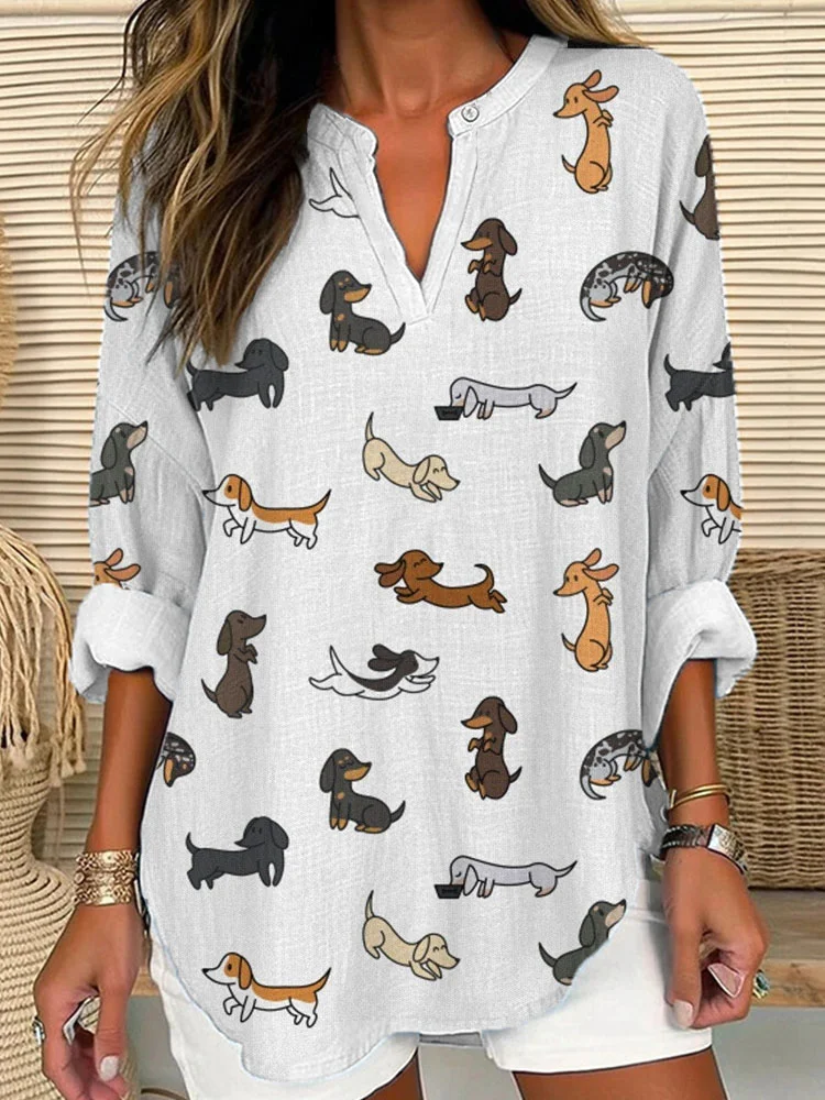 Mini Dachshund Pattern Linen Blend Shirt