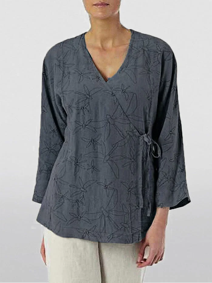 Dragonfly printed linen Rope Lace-Up Top