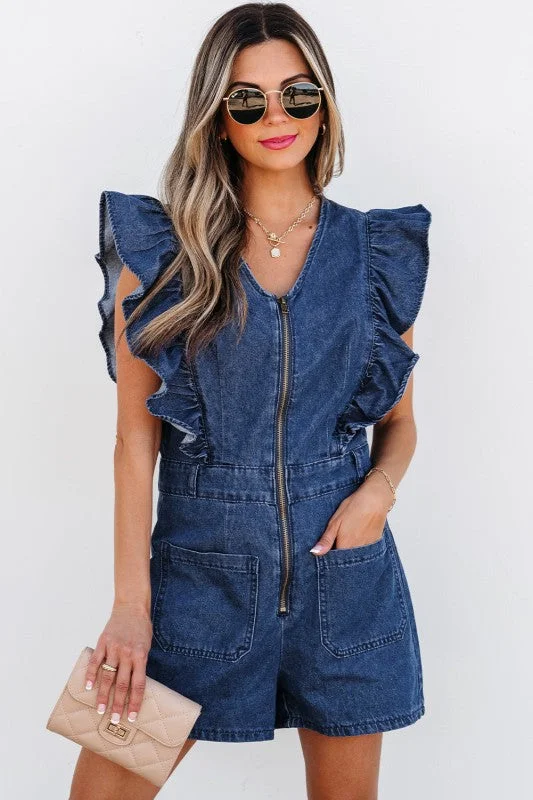 Denim Ruffle Sleeve Zip Front Belted Romper