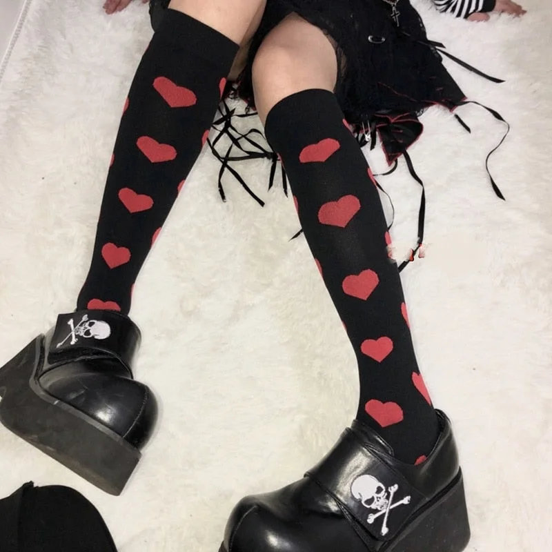 Harajuku Punk Black Red Polka Dot / Love Heart Gothic Lolita Knee Socks SS2182