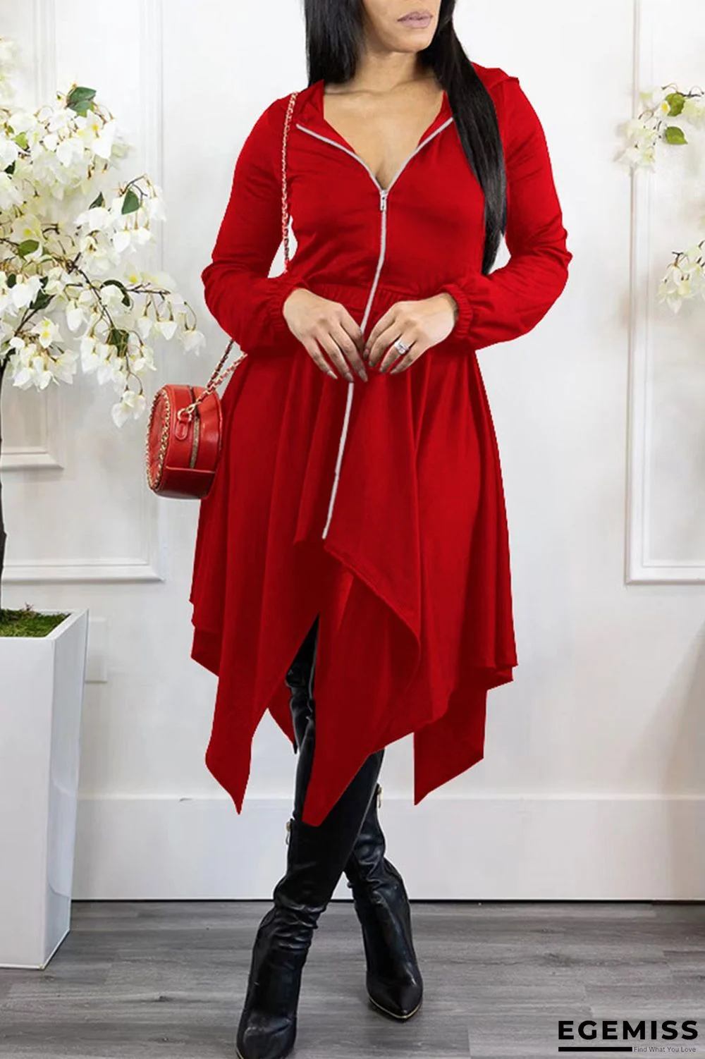 Red Casual Solid Patchwork Asymmetrical Zipper Hooded Collar Irregular Dress Dresses | EGEMISS