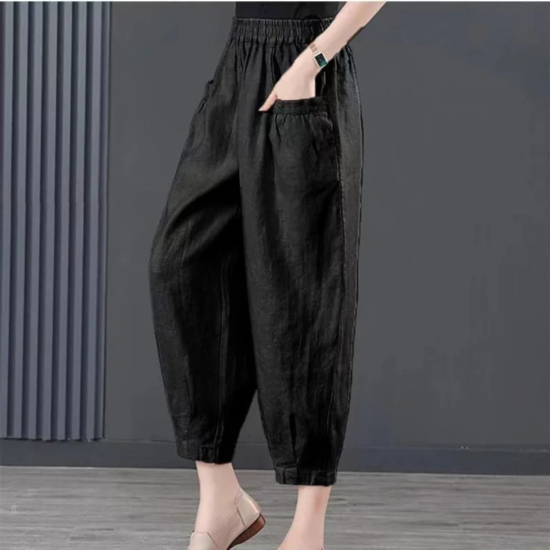 Uveng Uveng Summer Loose Tight High-Waisted Lantern Trousers Women's Hanging Ice Silk Cotton Nine-Point Harun Trousers Pocket Trousers