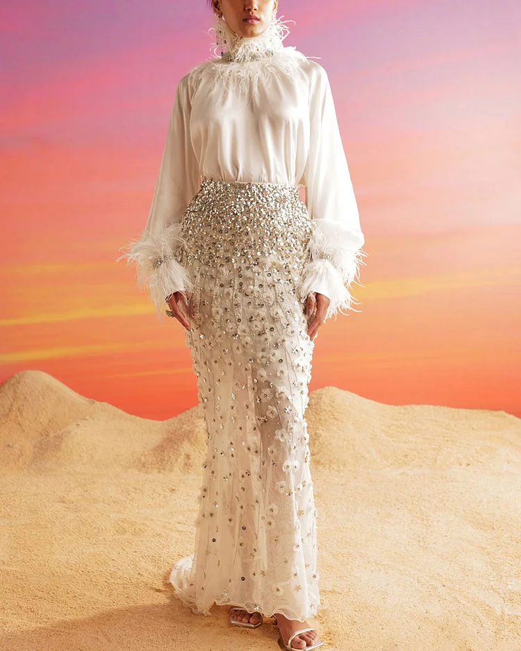 Aquafeather-Embellished Crystal Top and Skirt Two-Piece Set
