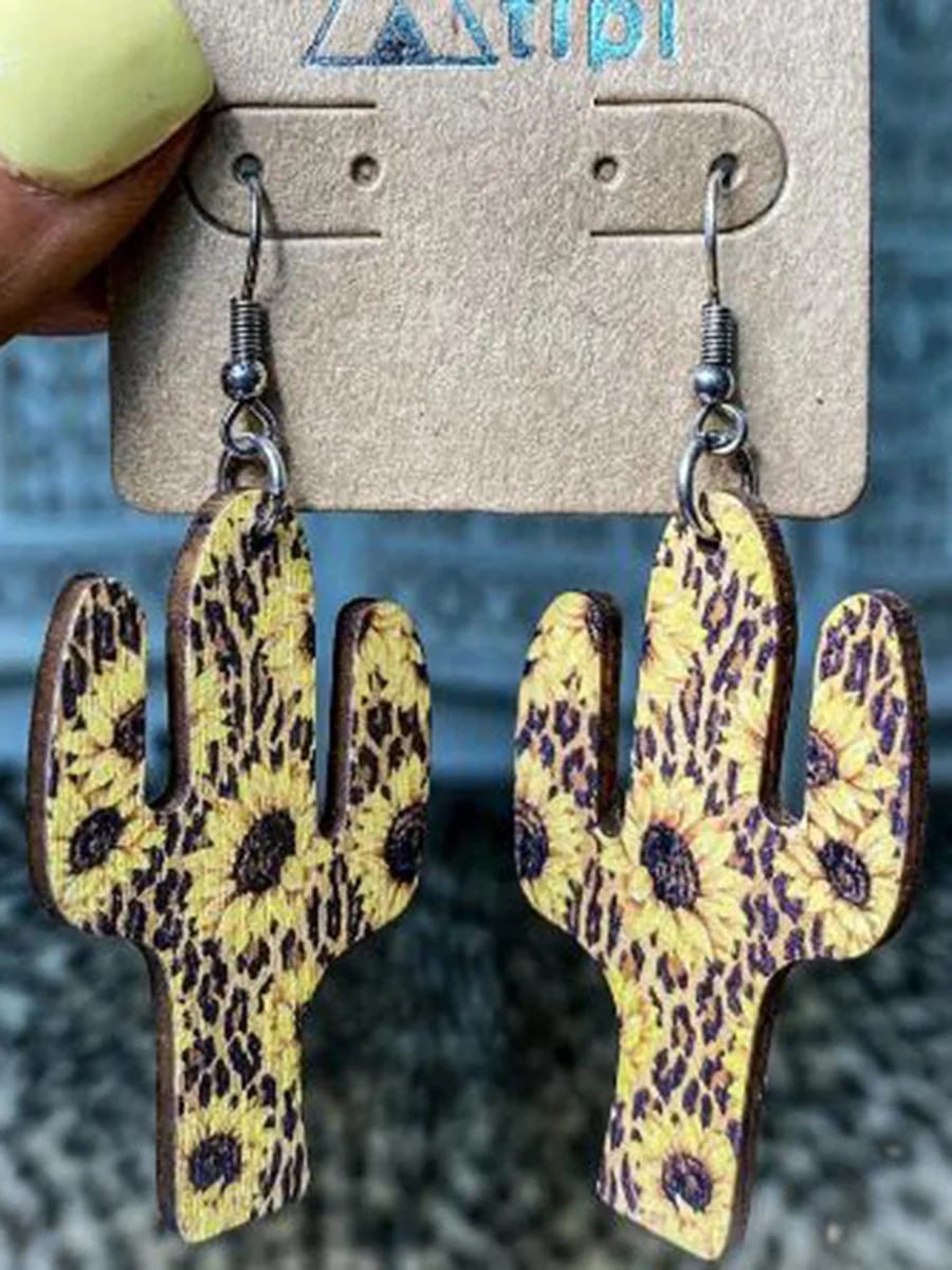 Sunflower Printed Cactus Pattern Wooden Earrings
