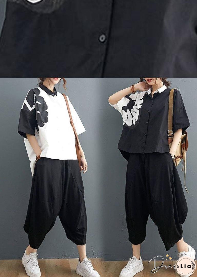 Organic White Print Black Harem Two Pieces Set Summer Cotton Linen