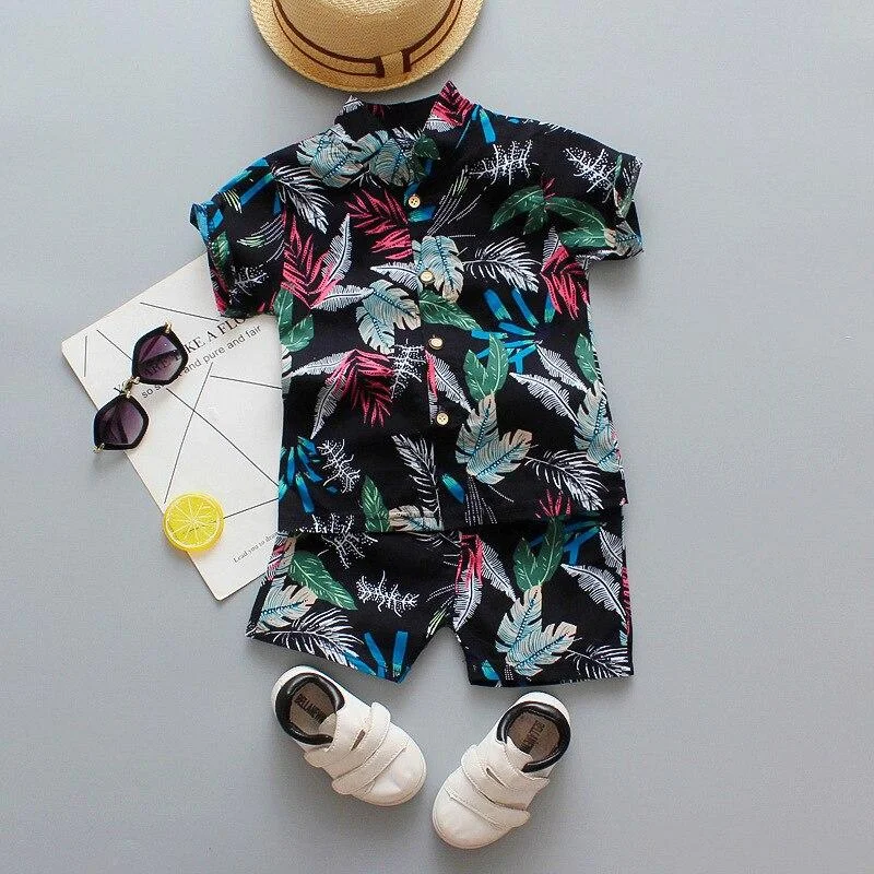 Summer T Shirt Boy Clothing Fashion 1 2 3 4 Years Kid Set Beach Leaf Flower Print Shirt Holiday Outfit Clothing Costume