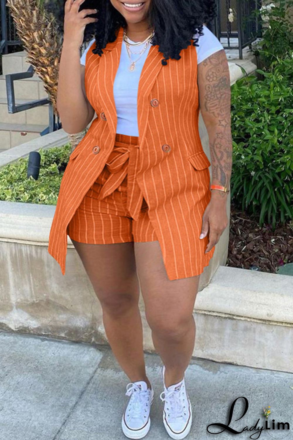 Black Fashion Casual Striped Print Patchwork Cardigan Turndown Collar Plus Size Two Pieces (Without T-shirt)