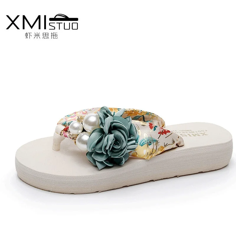 3cm High Heel Women's Beach Slippers for Women In Summer with Thick Heeled Sandals Flower Wedge Slippers  Women  house shoes