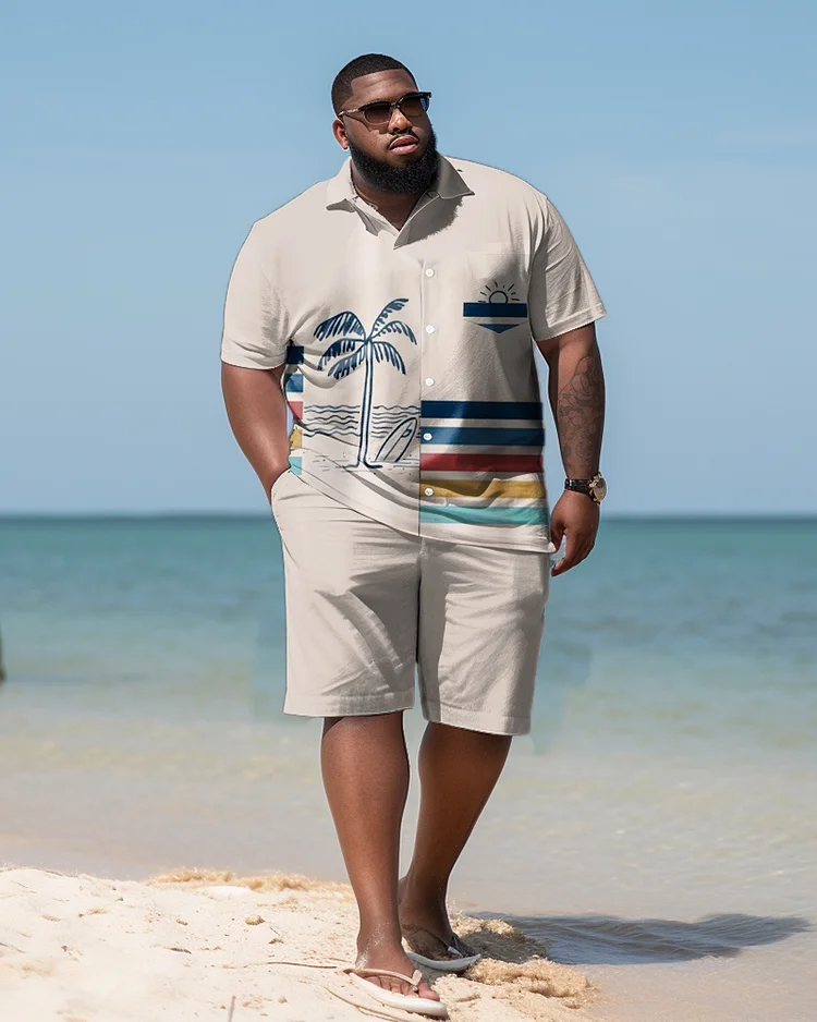 Men's Large Size Seaside Coconut Striped Hawaiian Shirt Shorts Two-Piece Set