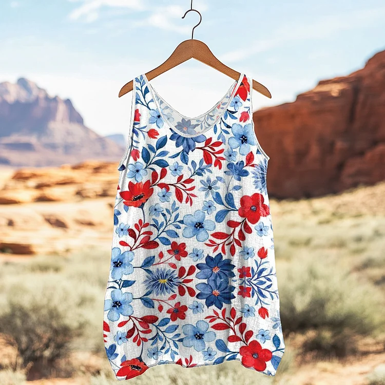 Women's Loose Independence Day American Beauty Floral Linen Sleeveless Tank Top