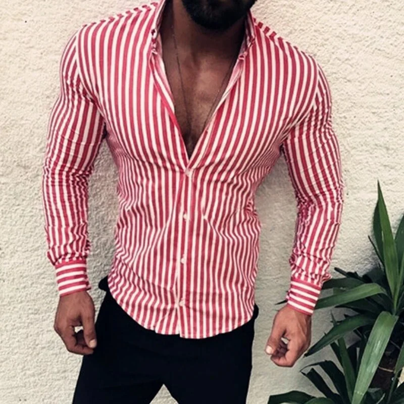 Aonga - Casual Long Sleeve Buttoned Turn-down Collar Men's Shirt Striped Printed Slim Shirts 2023 Spring Fashion Men Clothes Streetwear