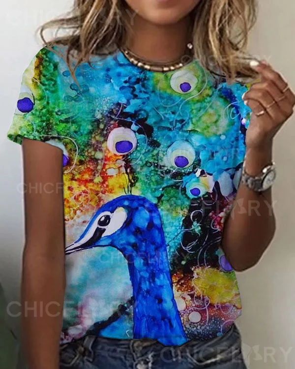 Women's Peacock  Pattern Crew Neck T-shirt