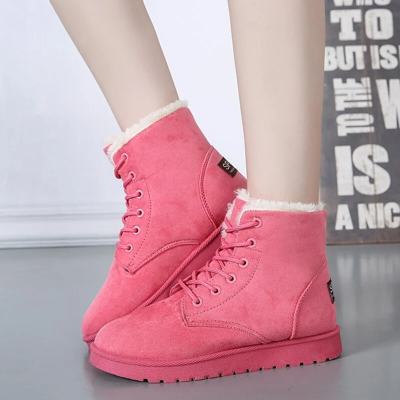 New Add Thick Cotton Women Snow Boots Flat Lace Up Winter Platform Ladies Warm Shoes Flock Fur Women's Suede Ankle Boots Female