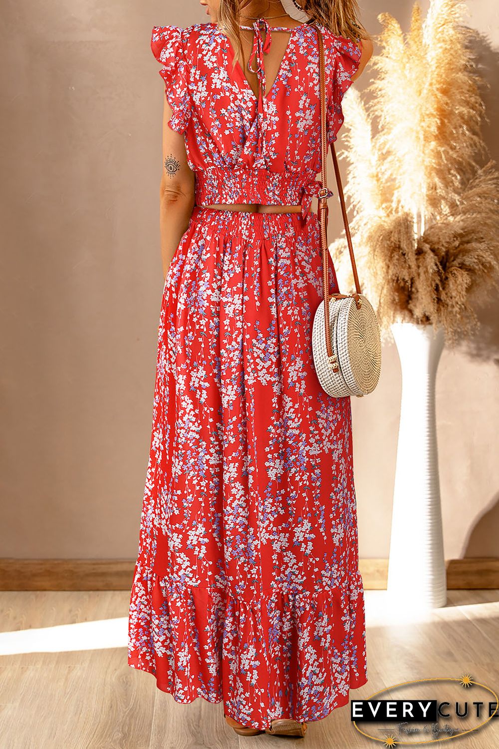 Red Multicolor Floral Ruffled Crop Top and Maxi Skirt Set