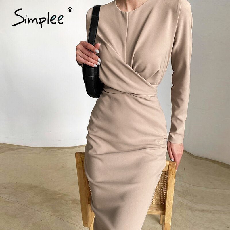 Simplee Fashion wrinkle cross waist dress female Sexy solid round neck long sleeves dress Elegant spring long dress 2021 woman
