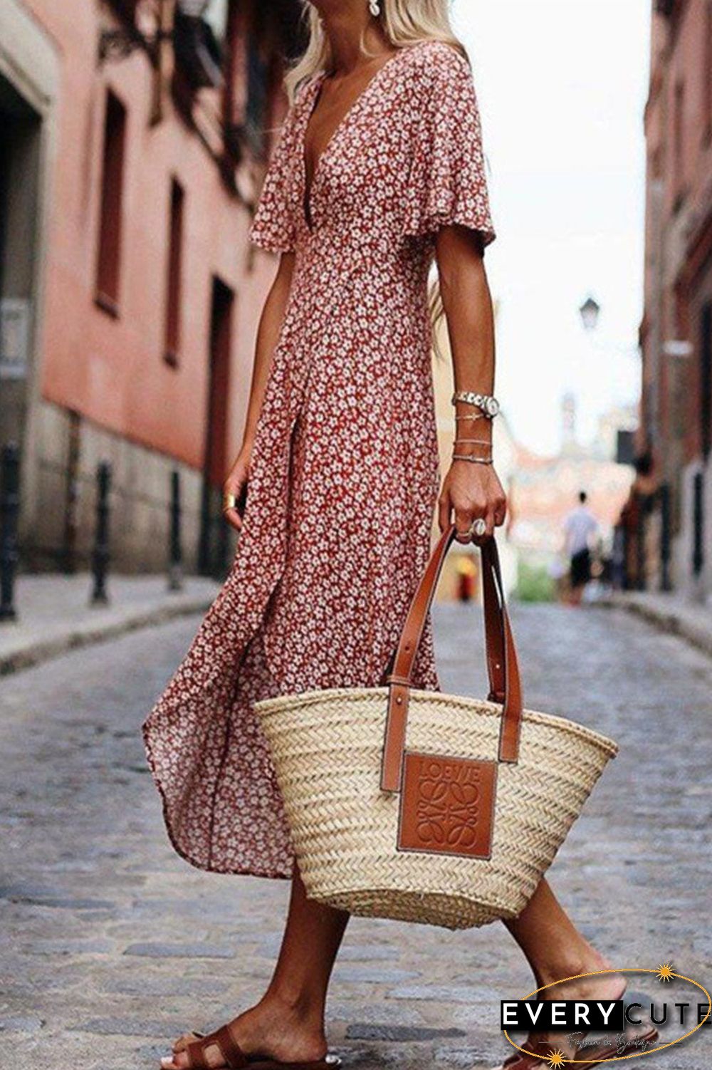 Fashion Street Print Split Joint V Neck Irregular Dresses