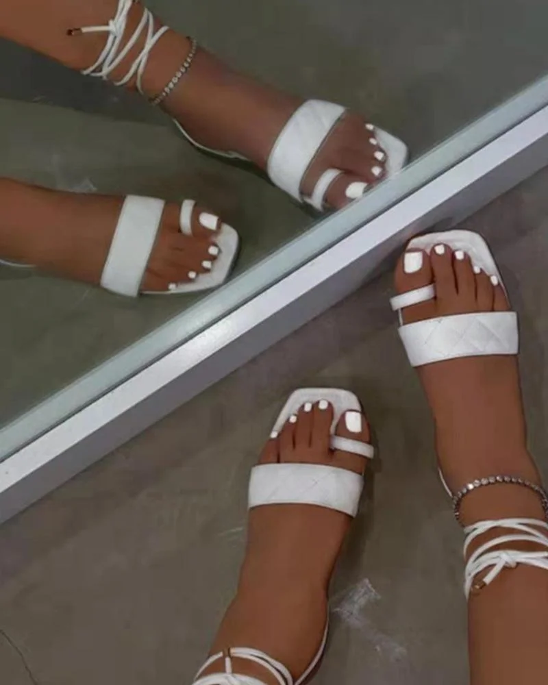 Solid Toe Post Square-toe Flat Sandals
