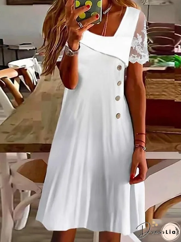 Casual Dress White Dress Summer Dress Midi Dress Ruched Patchwork Daily Date Going out Fashion Basic U Neck Short Sleeve Regular Fit White Color S M L XL XXL Size for Women