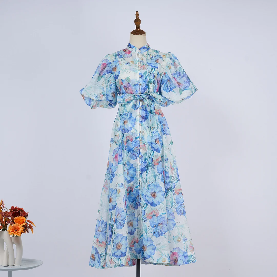 Nigikala Nigikala Court Style High Design Feeling Heavy Industry Nail Drill Short Sleeve Single Buckle Dress + Sling