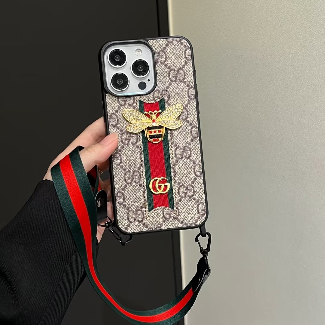 Gucci Ribbon Hand Rope 3D Bee Ophidia GG Apple iPhone16 ~11 Case Samsung Cover