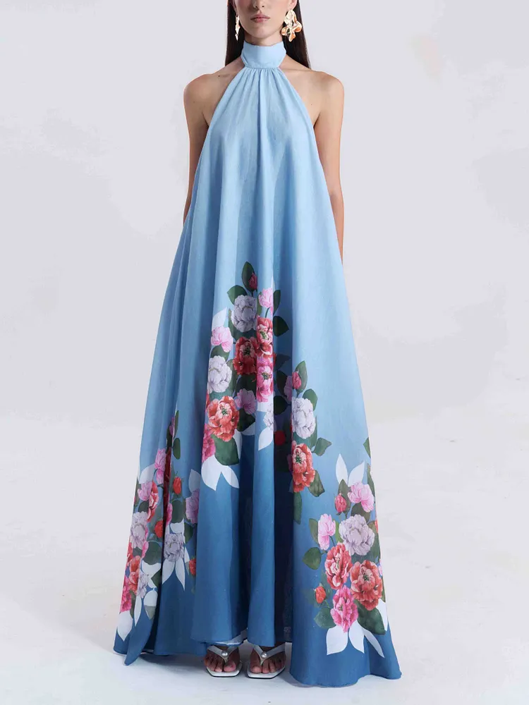 Elegant Halterneck Romantic Floral Print A-line Maxi Dress