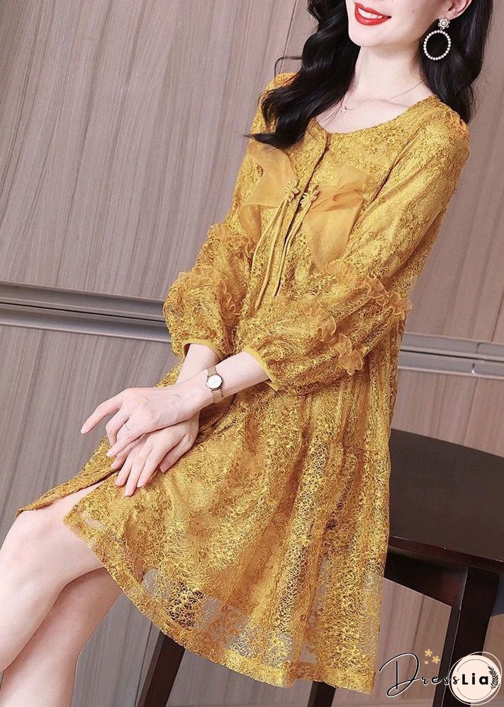 Italian Yellow Ruffled Button Lace Shirt Mid Dress Bracelet Sleeve