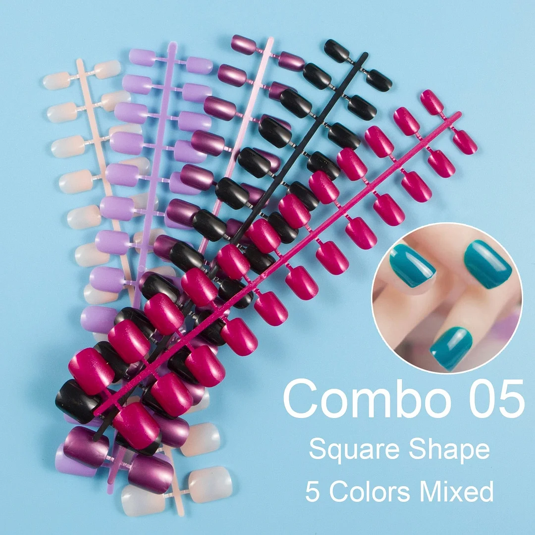 24 Pieces/Set, 5 Sets Mixed Colors Short Square False Nail Tips Press on Fake Nail Tips 10 Sizes Full Cover Nails Combo 09-Nail Inspo