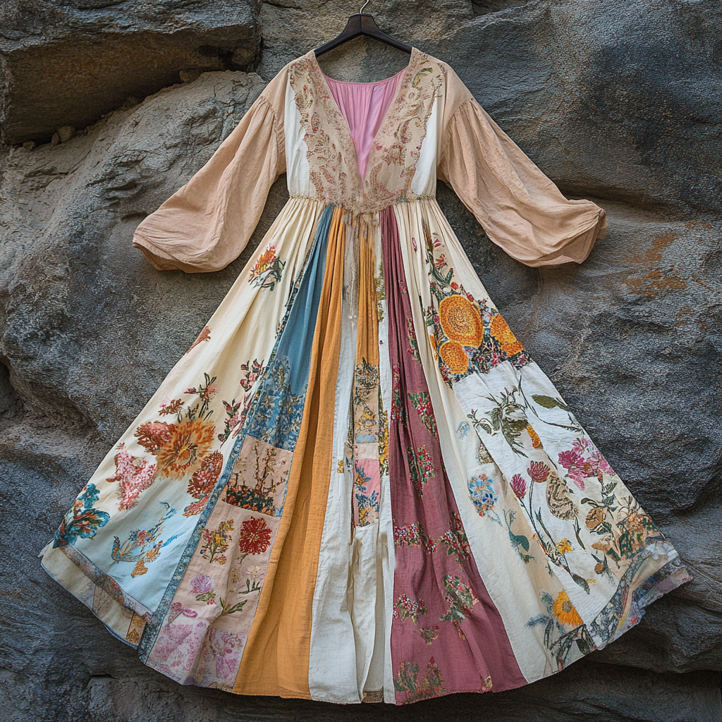 Women's Vintage Floral Applique Art V-neck Dress