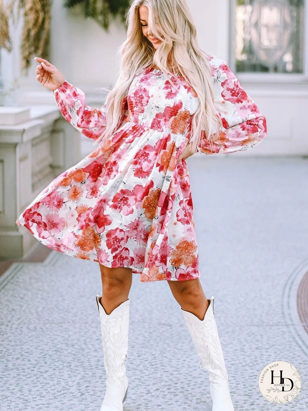 Elegant White Floral Smocked Puff Sleeve A-Line Dress