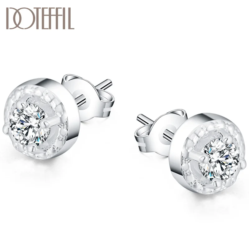 DOTEFFIL 925 Sterling Silver Round Zircon Stud Earrings for Women Jewelry