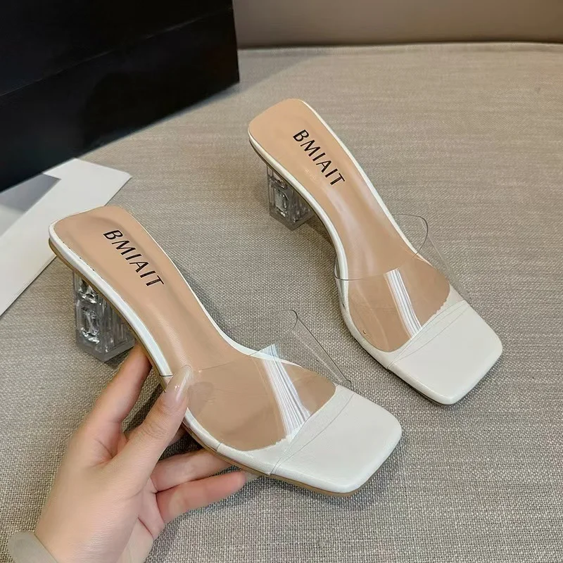 Breakj Breakj Slippers Women Summer Wear 2025 New Square Head Crystal Rough And Transparent Sexy High-Shoe Cold Slippers Women