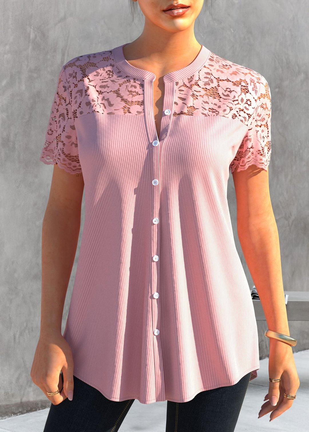 Light Pink Lace Patchwork Short Sleeve Blouse