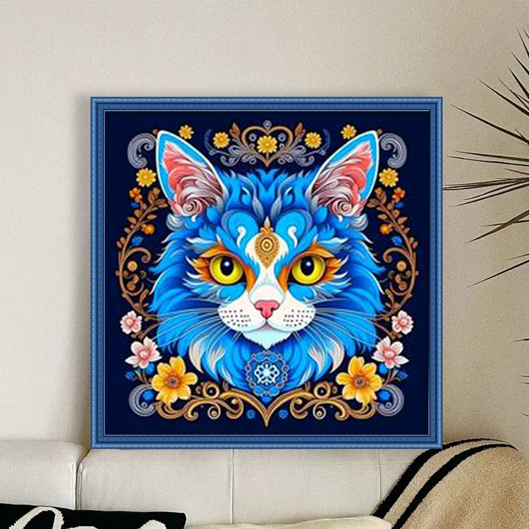 Huacan Brand】Blue Cat 11CT Stamped Cross Stitch 40*40CM