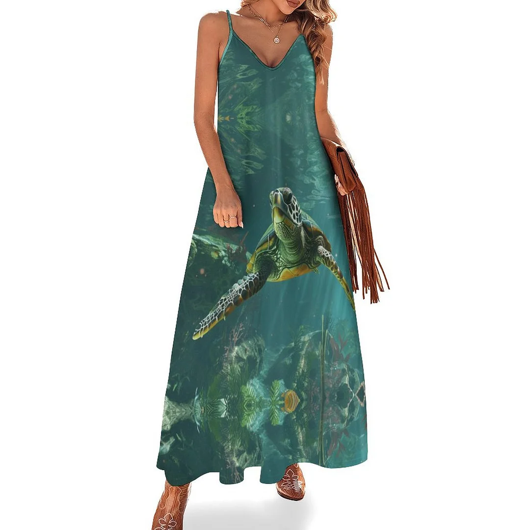Style & Comfort for Mature Women Plus Size Printed Sling Casual Women Maxi Dress in Pattern Ocean, Blue, Sea, Fish