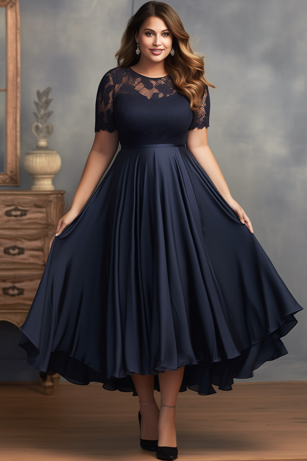 Flycurvy Plus Size Wedding Guest Navy Blue Satin Lace Short Sleeve Maxi Dress