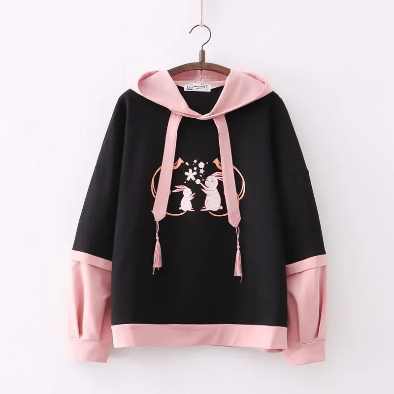 Colorblock Bunny Sakura Print Loose Hoodie