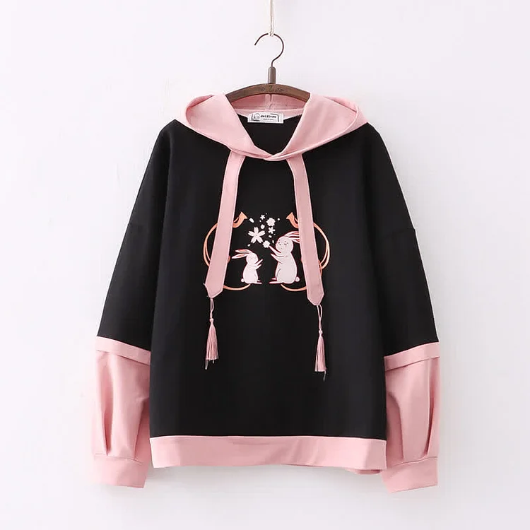 Colorblock Bunny Sakura Print Loose Hoodie - Modakawa Modakawa